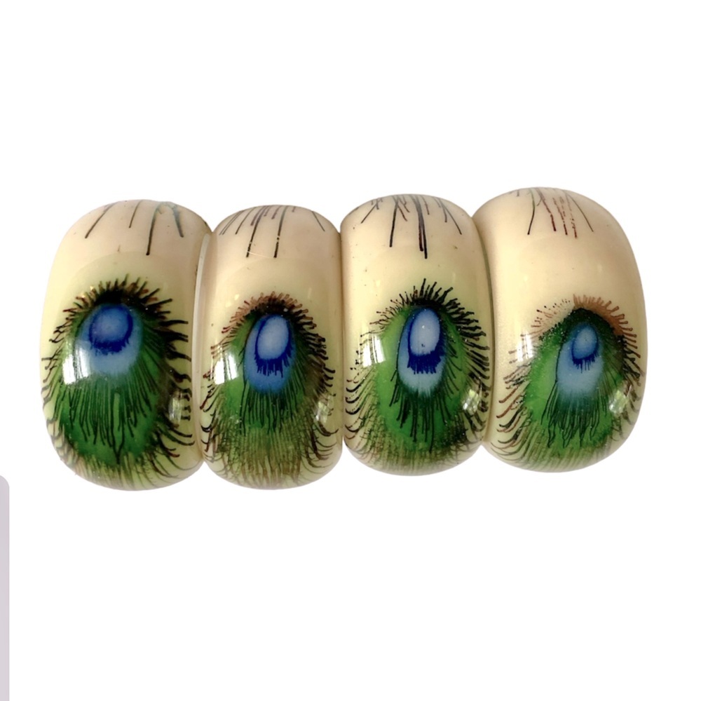 Peacock Feather Napkin Rings Set of 4 Hand Painted Handmade Resin Coating Table